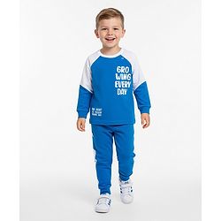Bonfino 100% Cotton Knit Drop Shoulder Oversized Full Raglan Sleeves Color Block T-Shirt & Cargo Jogger Set - White & Blue