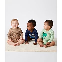Bonfino 100% Cotton Knit Full Sleeves Dino Printed Onesies Pack Of 3 - Peach Navy Blue & Light Green
