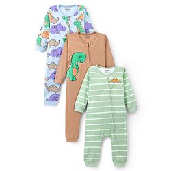 Bonfino 100% Cotton Knit Full Sleeves Romper With Dino Print Pack Of 3 - Green Brown & Blue