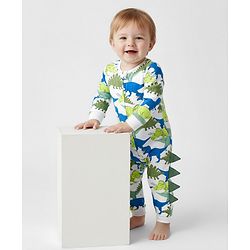Bonfino 100% Cotton Knit Full Sleeve Romper with Side Zipper & Dino Print - White