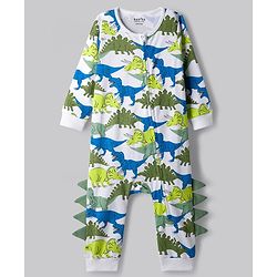 Bonfino 100% Cotton Knit Full Sleeve Romper with Side Zipper & Dino Print - White