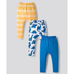 Bonfino 100% Cotton Knit Full Length Diaper Leggings with Stripes & Dino Print Pack of 3 - Yellow Blue & White