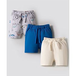 Bonfino 100% Cotton Knit Shorts Solid & Dino Printed Pack of 3 - Grey Off White & Blue
