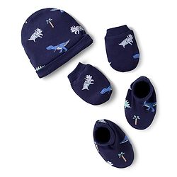 Bonfino 100% Cotton Knit Dino Printed Cap Mittens & Booties Navy Blue - Diameter 11 cm