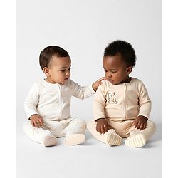 Bonfino 100% Cotton Knit Full Sleeves Footed Sleepsuits with Teddy Print Pack of 2 -Offwhite & Beige