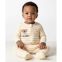 Bonfino 100% Cotton Knit Full Sleeves Footed Sleepsuit with Stripes & Teddy Embroidery  -White & Yellow