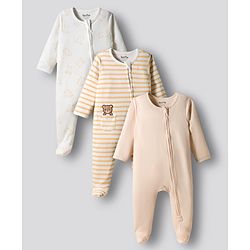 Bonfino 100% Cotton Knit Full Sleeves Footed Sleepsuit with Stripes & Teddy Print &  Embroidery Pack of 3 - Offwhite & Yellow