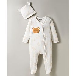 Bonfino 100% Cotton Knit Full Sleeves Footed Sleepsuit & Cap with Teddy Embroidery Patch - White