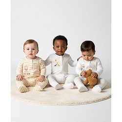 Bonfino 100% Cotton Knit Full Sleeves Footed Sleepsuit with Stripes & Animal Embroidery Pack of 3 - Offwhite & Yellow