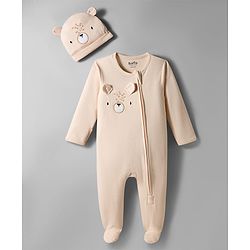 Bonfino 100% Cotton Knit Full Sleeves Footed Sleepsuit & Cap with Teddy Embroidery Applique - Offwhite