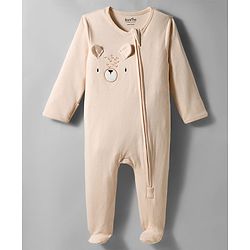 Bonfino 100% Cotton Knit Full Sleeves Footed Sleepsuit & Cap with Teddy Embroidery Applique - Offwhite