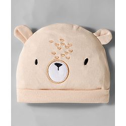 Bonfino 100% Cotton Knit Full Sleeves Footed Sleepsuit & Cap with Teddy Embroidery Applique - Offwhite