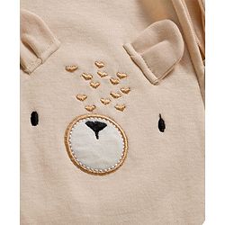 Bonfino 100% Cotton Knit Full Sleeves Footed Sleepsuit & Cap with Teddy Embroidery Applique - Offwhite