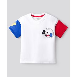 Bonfino Disney Terry Knit Oversize Drop Shoulder Half Sleeves T-Shirt with Front and Back Mickey Mouse Graphics - White