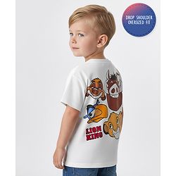 Bonfino Disney Terry Knit Oversize Drop Shoulder Half Sleeves T-Shirt with Front and Simba & Friends Graphic - White