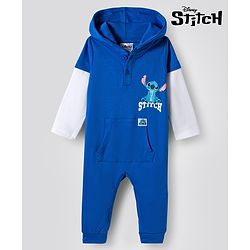 Bonfino Disney Interlock Knit Full Sleeves Hooded Romper with Front & Back Stitch Graphic & Pocket Detailing - Blue