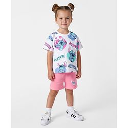Bonfino Disney Single Jersey Knit Oversize Drop Shoulder Half Sleeves T-Shirt and Shorts Set with Stitch Graphic - White & Pink