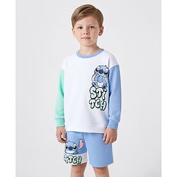 Bonfino Disney Terry Knit Oversized Drop Shoulder Full Sleeves T-Shirt and Shorts Set with Stitch Graphic - White Aqua Blue