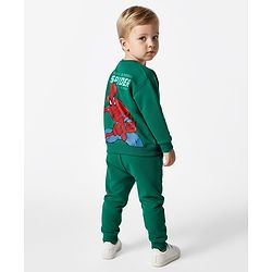 Bonfino Marvel Terry Knit Oversize Drop Shoulder Full Sleeves Cut & Sew T-Shirt and Joggers Set with Front & Back Spider-Man Graphic - Dark Green & Mint