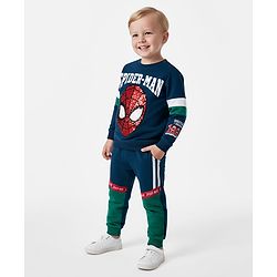 Bonfino Marvel Terry Knit Full Sleeves T-Shirt and Cut & Sew Jogger Set with Spider-Man Graphics and Tape Detailing - Navy Blue