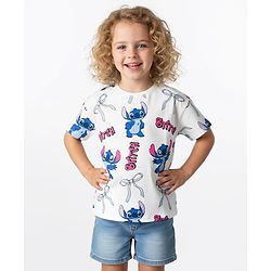 Bonfino Disney Single Jersey Knit Drop Shoulder Half Sleeves T-Shirt with Lilo & Stitch - White