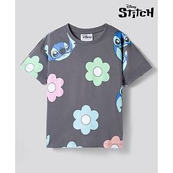 Bonfino Disney Single Jersey Knit  Drop Shoulder Half Sleeve T-Shirt with Lilo N Stitch Print - Grey