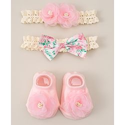 Bonfino Free Size Hair Accessories Combo Set With Bow & Floral Applique - Pink