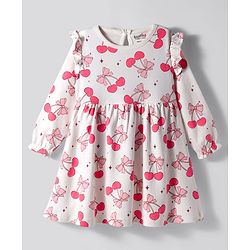 Bonfino 100% Cotton Knit Full Sleeves Frock With Cherry Print  - White
