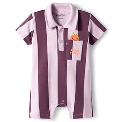 Bonfino 100% Cotton Knit Half Sleeves Striped Polo Romper with Orange Embroidery - Lavender