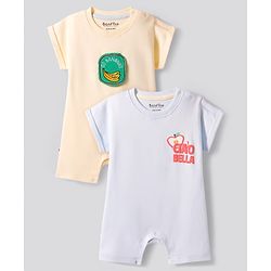 Bonfino 100% Cotton Knit Half Sleeves Romper with Fruit Print & Patch Detailing Pack of 2 - Light Yellow & Blue