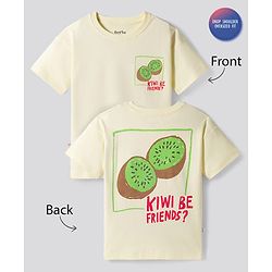 Bonfino 100% Cotton Knit Drop Shoulder Half Sleeves Oversized T- Shirt With Front & Back Kiwi Print - Lemon Yellow