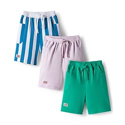 Bonfino 100% Cotton Knit Above Knee Length Solid & Striped Cargo Shorts Pack of 3 - Beige Blue & Green