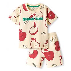 Bonfino 100% Cotton Knit Drop Shoulder Half Sleeves Oversized T-Shirt & Cargo Shorts Co-ord Set With Apple Print - Light Yellow