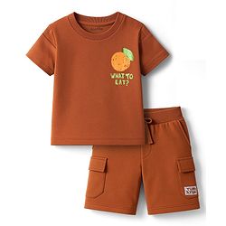 Bonfino 100% Cotton Knit Drop Shoulder Oversized Half Sleeves T-Shirt With Print in Front & Back & Cargo Shorts Set - Brown