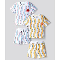 Bonfino 100% Cotton Knit Drop Shoulder Half Sleeves Oversized Striped T-Shirts & Shorts Set Pack Of 2 - Light Blue & White