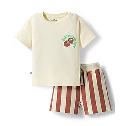 Bonfino 100% Cotton Knit Drop Shoulder Oversized Chest And Back Printed Half Sleeve T-Shirt & Shorts Set - Light Yellow & White