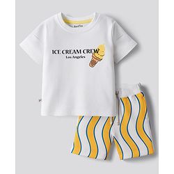 Bonfino 100% Cotton Knit Drop Shoulder Half Sleeves Oversized T-Shirt & Shorts Set With Chest And Back Ice Cream & Text Printed - White