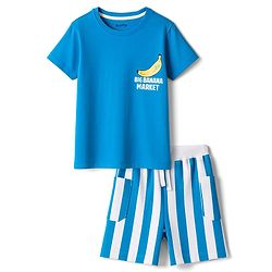 Bonfino 100% Cotton Knit Half Sleeves Oversized Chest And Back Printed T-Shirt & Cargo Shorts Set - White & Blue
