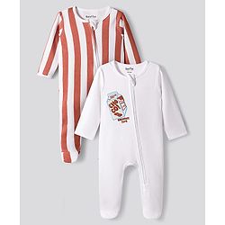 Bonfino 100% Cotton Knit Full Sleeves Sleepsuit With Stripes & Applique Pack Of 2 - White & Brown