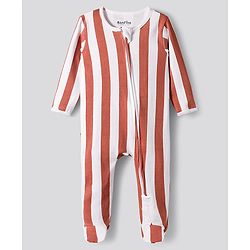 Bonfino 100% Cotton Knit Full Sleeves Sleepsuit With Stripes & Applique Pack Of 2 - White & Brown