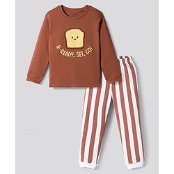 Bonfino 100% Cotton Knit Full Slevees Chest Bread Printed T-Shirt & Striped Pyjama Night Suit - Brown