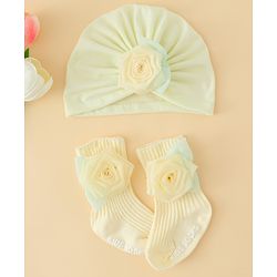 Bonfino  Turban Band & Socks Combo Set with Floral Applique - Light Yellow