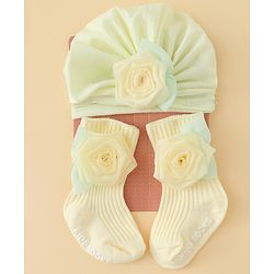 Bonfino  Turban Band & Socks Combo Set with Floral Applique - Light Yellow