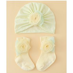 Bonfino  Turban Band & Socks Combo Set with Floral Applique - Light Yellow