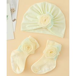 Bonfino  Turban Band & Socks Combo Set with Floral Applique - Light Yellow