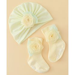 Bonfino  Turban Band & Socks Combo Set with Floral Applique - Light Yellow