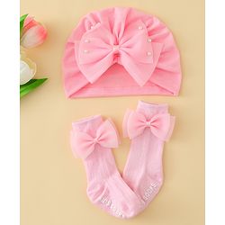 Bonfino  Turban Band & Socks Combo Set with Bow Applique - Pink