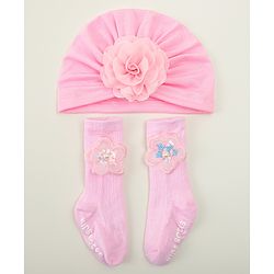 Bonfino Turban Band & Socks Combo Set With Floral Applique - Pink