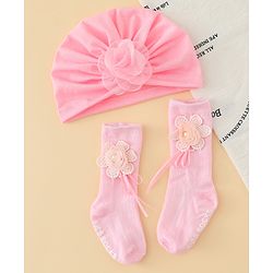 Bonfino Turban Headband & Socks Combo Set With Floral Applique - Pink