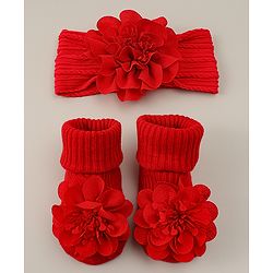 Bonfino Headband & Socks Combo Set With Floral Applique - Red